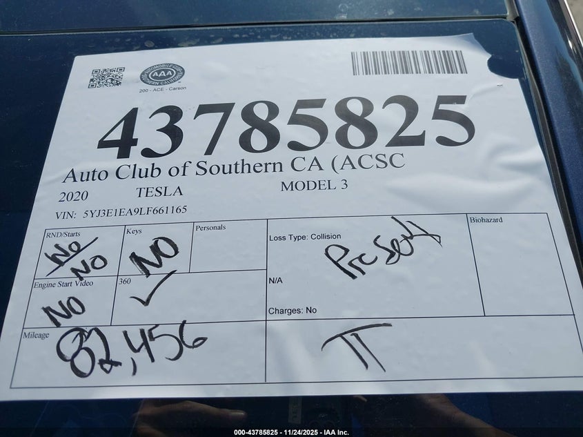 2020 Tesla Model 3 Standard Range Plus Rear-Wheel Drive/Standard Range Rear-Wheel Drive VIN: 5YJ3E1EA9LF661165 Lot: 43785825