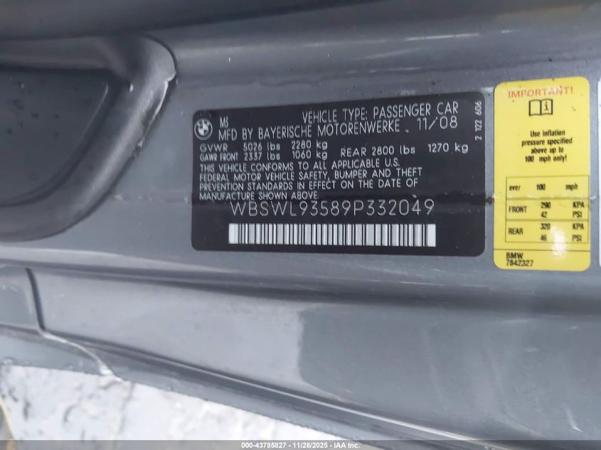 2009 BMW M3 VIN: WBSWL93589P332049 Lot: 43785827