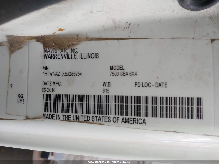 2011 International 7000 7500 VIN: 1HTWNAZTXBJ385954 Lot: 43785835