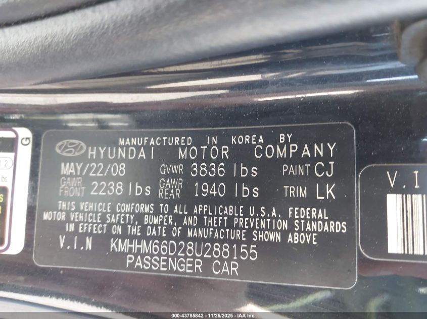 2008 Hyundai Tiburon Gs VIN: KMHHM66D28U288155 Lot: 43785842