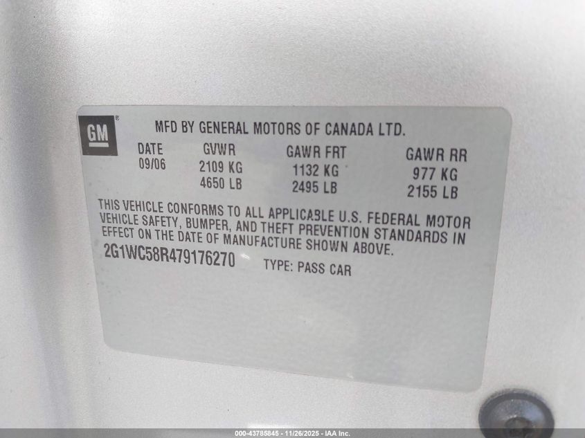 2007 Chevrolet Impala Lt VIN: 2G1WC58R479176270 Lot: 43785845