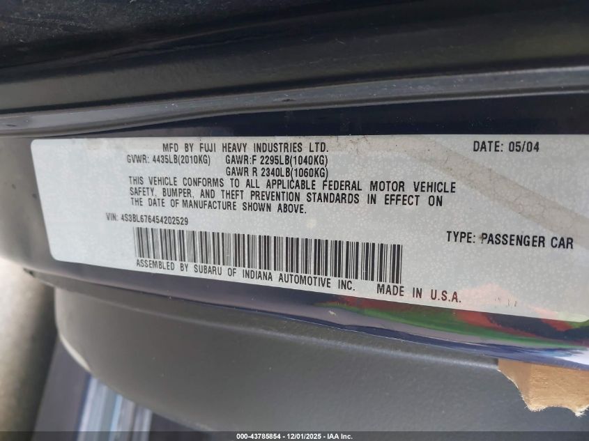 2005 Subaru Legacy 2.5I Limited VIN: 4S3BL626757213059 Lot: 43785854