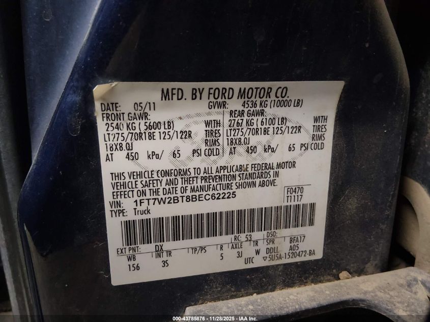 2011 Ford F-250 Xlt VIN: 1FT7W2BT8BEC62225 Lot: 43785876