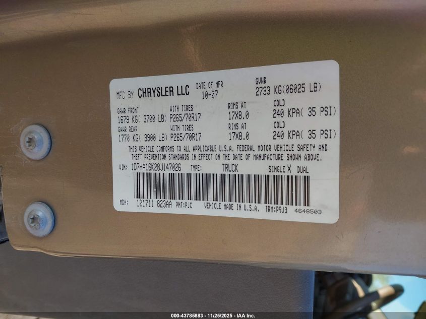 2008 Dodge Ram 1500 St/Sxt VIN: 1D7HA16K28J147026 Lot: 43785883