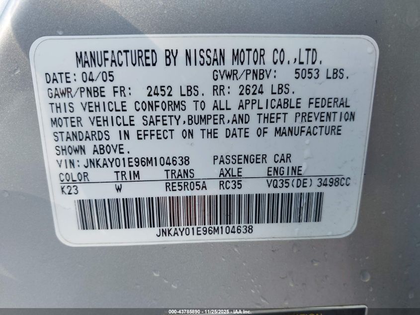 2006 Infiniti M35 Sport VIN: JNKAY01E96M104638 Lot: 43785890