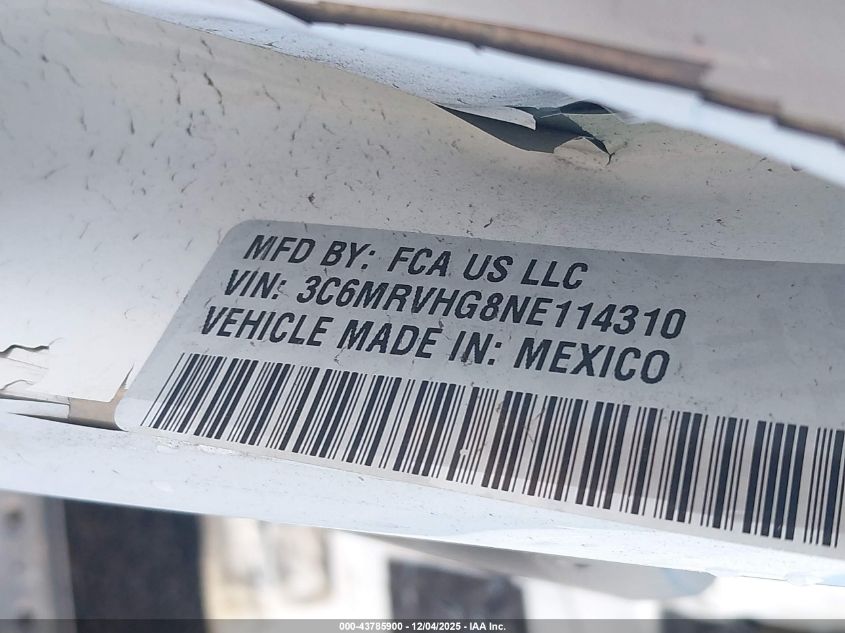 2022 Ram Promaster 3500 High Roof 159 Wb VIN: 3C6MRVHG8NE114310 Lot: 43785900