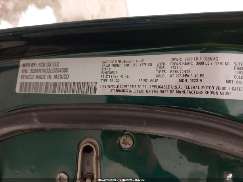 2020 Ram 1500 Classic Tradesman 4X4 5'7 Box VIN: 3C6RR7KG3LG204685 Lot: 43785903