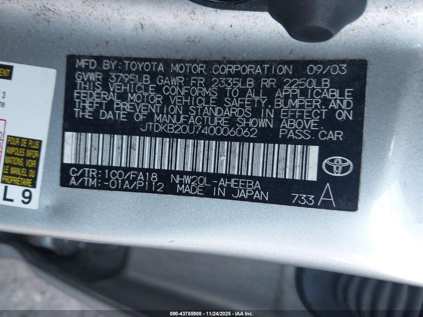 2004 Toyota Prius VIN: JTDKB20U740006062 Lot: 43785908