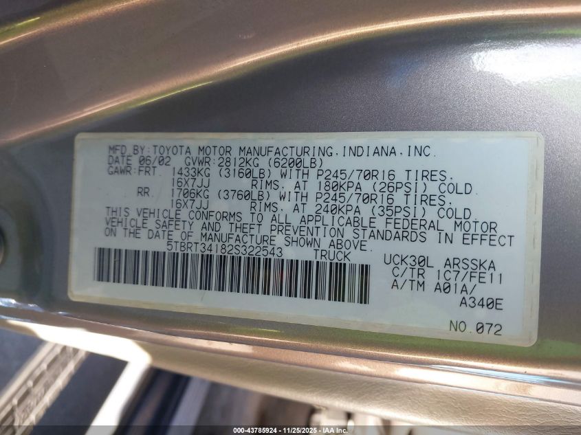 2002 Toyota Tundra Sr5 V8 VIN: 5TBRT34182S322543 Lot: 43785924