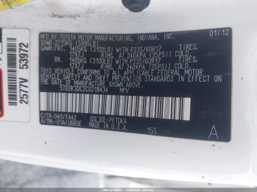 2012 Toyota Sienna Base V6 7 Passenger VIN: 5TDZK3DC2CS218434 Lot: 43785927