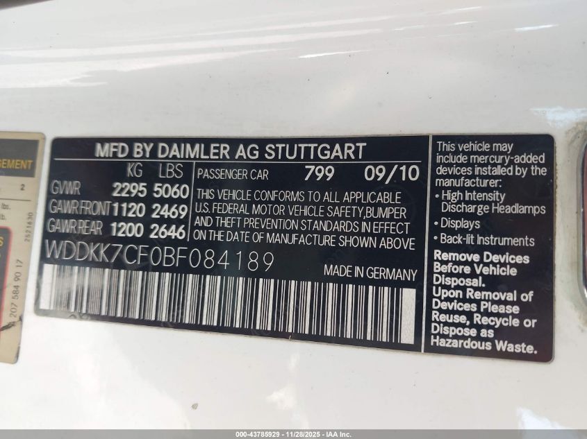 2011 Mercedes-Benz E 550 VIN: WDDKK7CF0BF084189 Lot: 43785929