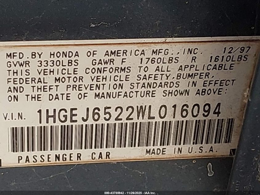 1998 Honda Civic Dx VIN: 1HGEJ6522WL016094 Lot: 43785942