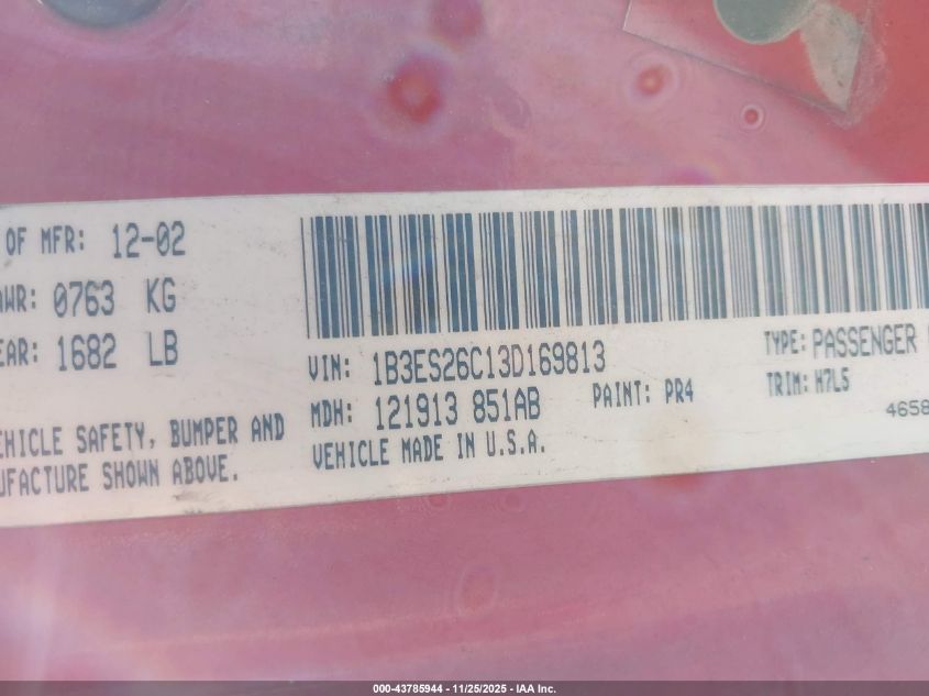 2003 Dodge Neon Se VIN: 1B3ES26C13D169813 Lot: 43785944