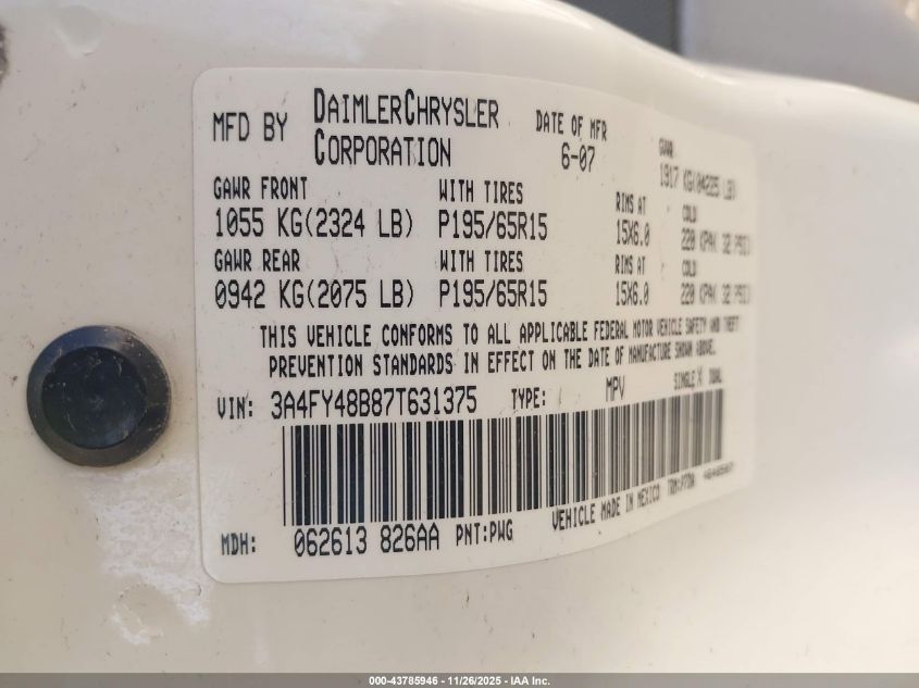 2007 Chrysler Pt Cruiser VIN: 3A4FY48B87T631375 Lot: 43785946