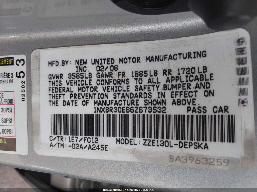 2006 Toyota Corolla S VIN: 1NXBR30E86Z673532 Lot: 43785958