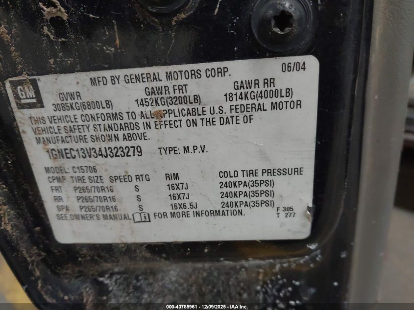 2004 Chevrolet Tahoe Ls VIN: 1GNEC13V34J323279 Lot: 43785961