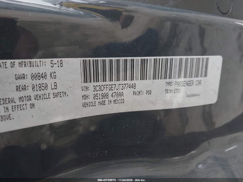 2018 Fiat 500E Battery Electric VIN: 3C3CFFGE7JT377448 Lot: 43785970