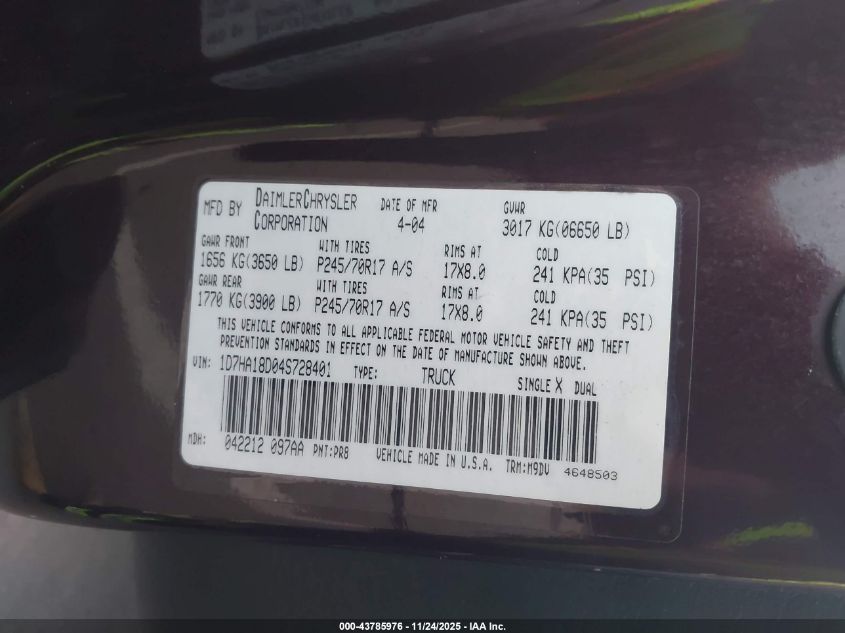 2004 Dodge Ram 1500 Slt/Laramie VIN: 1D7HA18D04S728401 Lot: 43785976