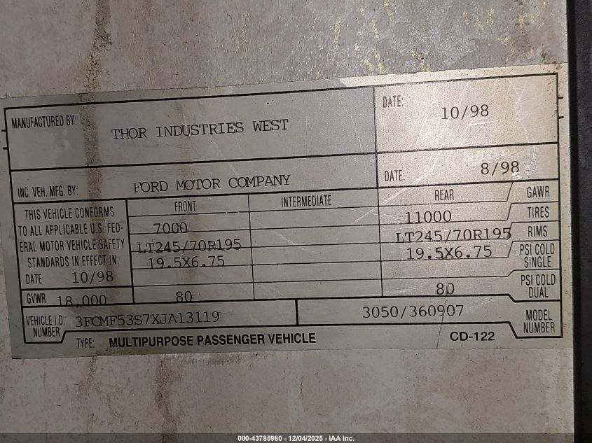 1999 Ford F550 Super Duty Stripped Chass VIN: 3FCMF53S7XJA13119 Lot: 43785980