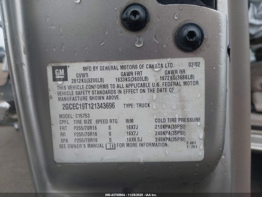 2001 GMC Sierra 1500 Sle VIN: 1GTEC19T51Z178841 Lot: 43785984