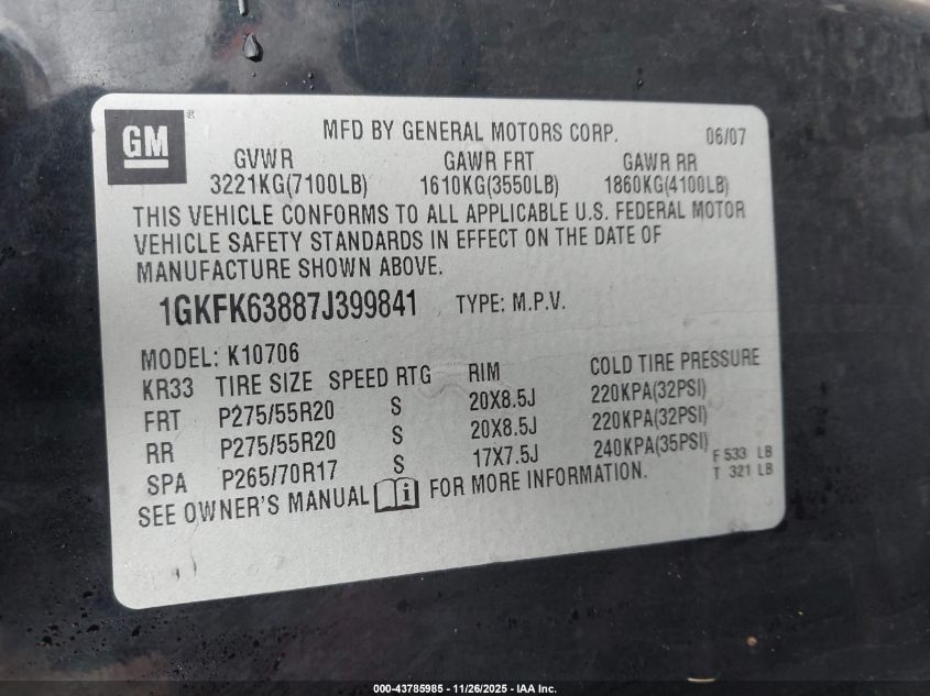 2007 GMC Yukon Denali VIN: 1GKFK63887J399841 Lot: 43785985