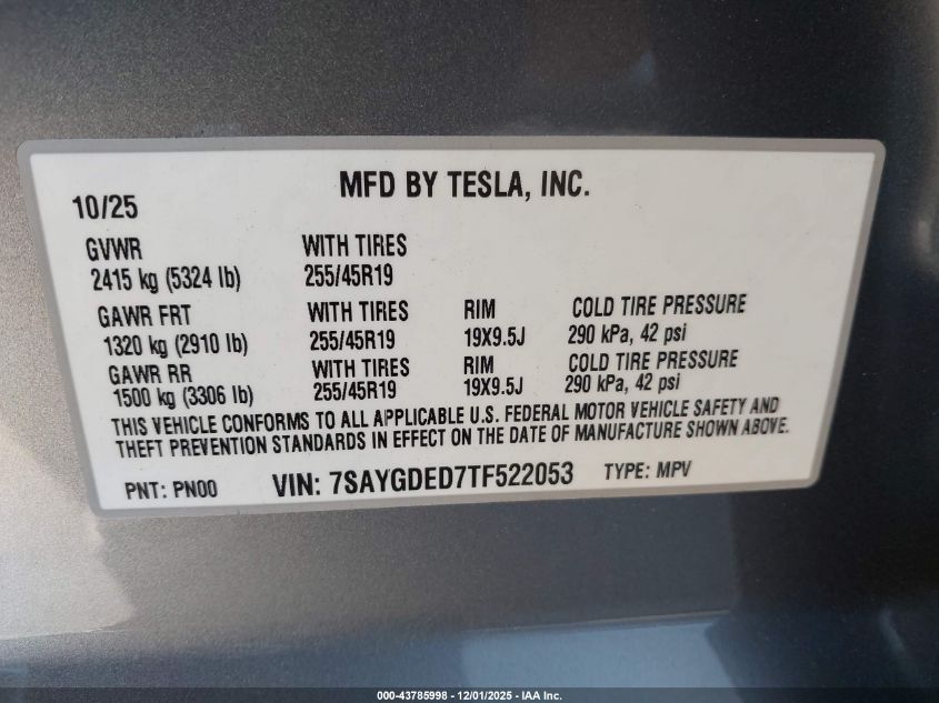 2026 Tesla Model Y Long Range Dual Motor All-Wheel Drive VIN: 7SAYGDED7TF522053 Lot: 43785998