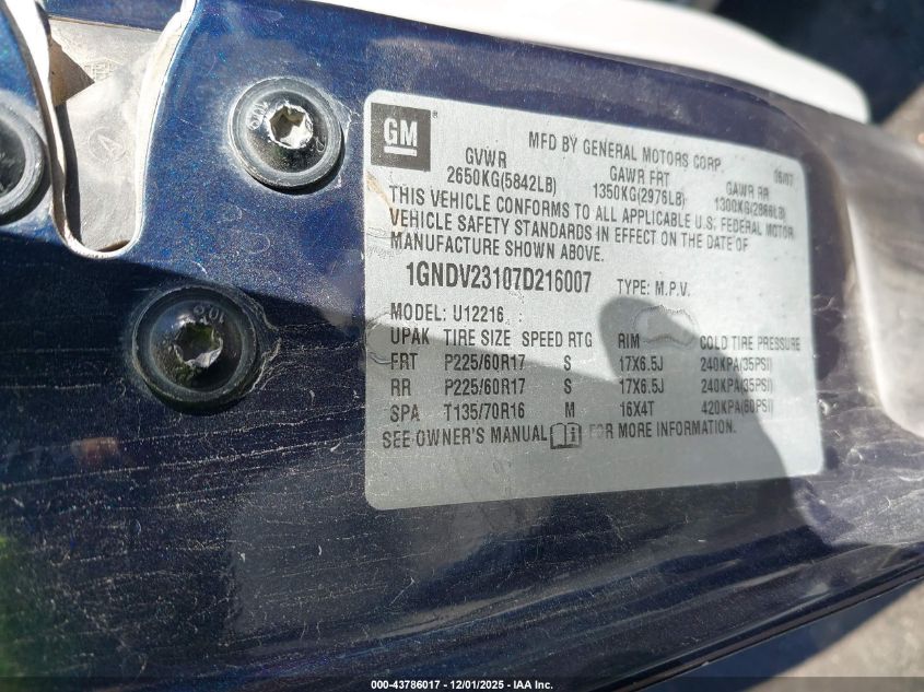 2007 Chevrolet Uplander Ls VIN: 1GNDV23107D216007 Lot: 43786017