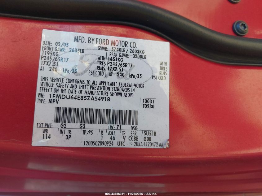 2005 Ford Explorer Eddie Bauer VIN: 1FMDU64E85ZA54918 Lot: 43786031