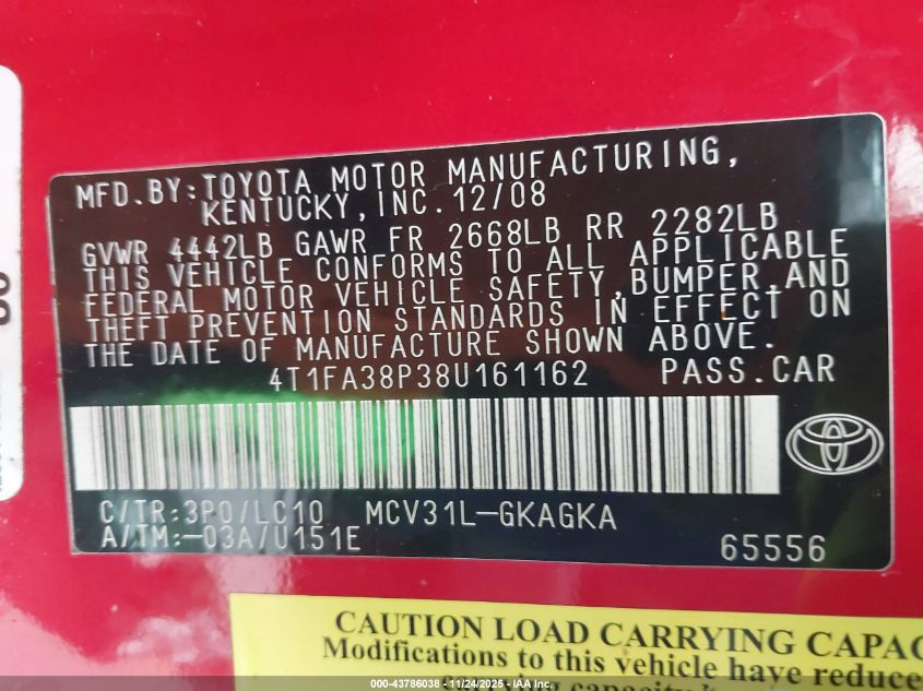 2008 Toyota Camry Solara Sle VIN: 4T1FA38P38U161162 Lot: 43786038