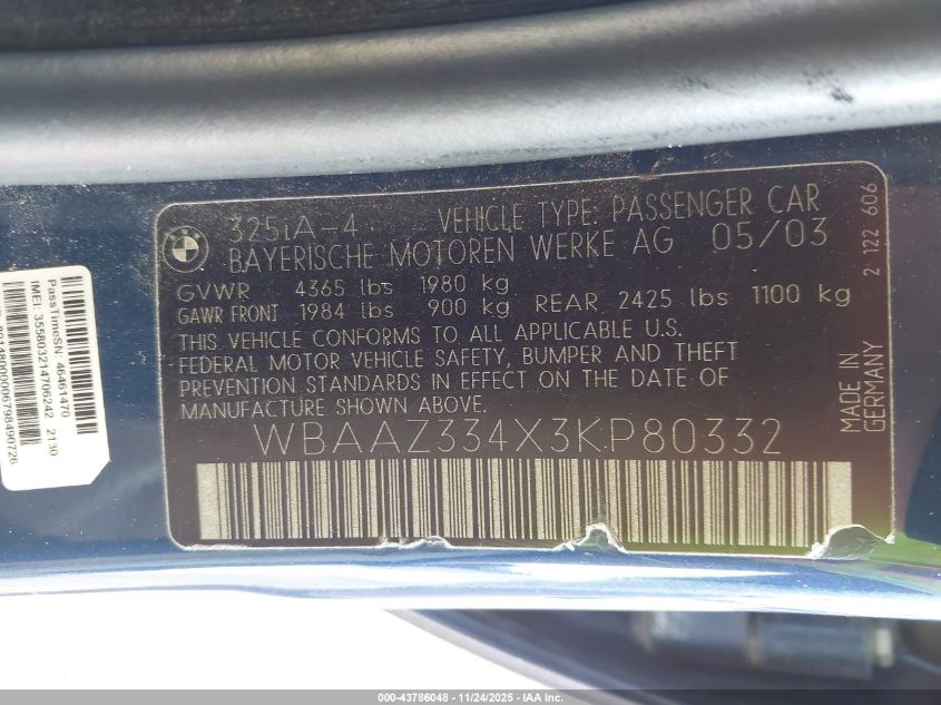 2003 BMW 325I VIN: WBAAZ334X3KP80332 Lot: 43786048