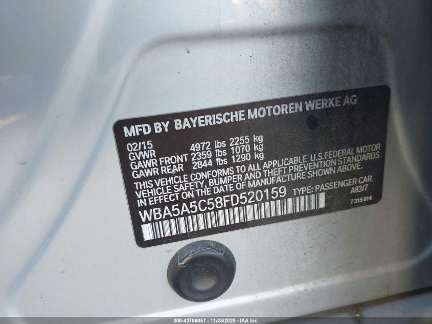 2015 BMW 528I VIN: WBA5A5C58FD520159 Lot: 43786057