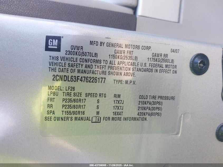 2007 Chevrolet Equinox Lt VIN: 2CNDL63F476226177 Lot: 43786068