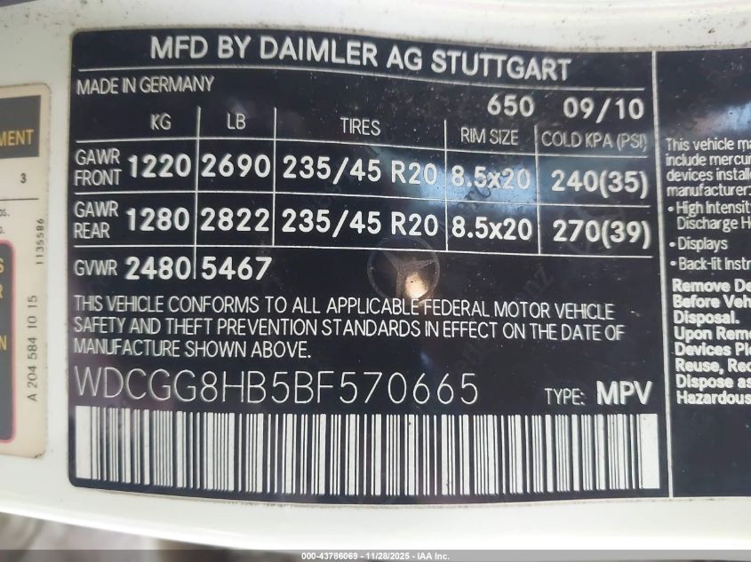 2011 Mercedes-Benz Glk 350 4Matic VIN: WDCGG8HB5BF570665 Lot: 43786069