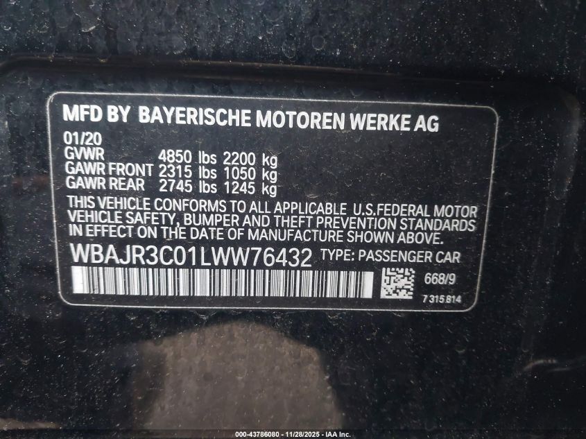 2020 BMW 530I VIN: WBAJR3C01LWW76432 Lot: 43786080