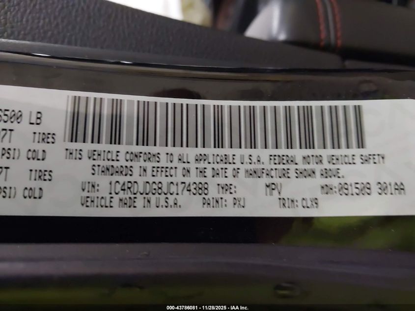 2018 Dodge Durango Gt Awd VIN: 1C4RDJDG8JC174388 Lot: 43786081