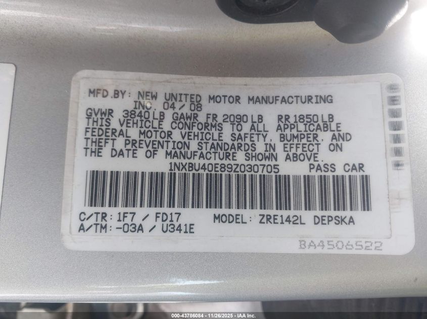 2009 Toyota Corolla S VIN: 1NXBU40E89Z030705 Lot: 43786084