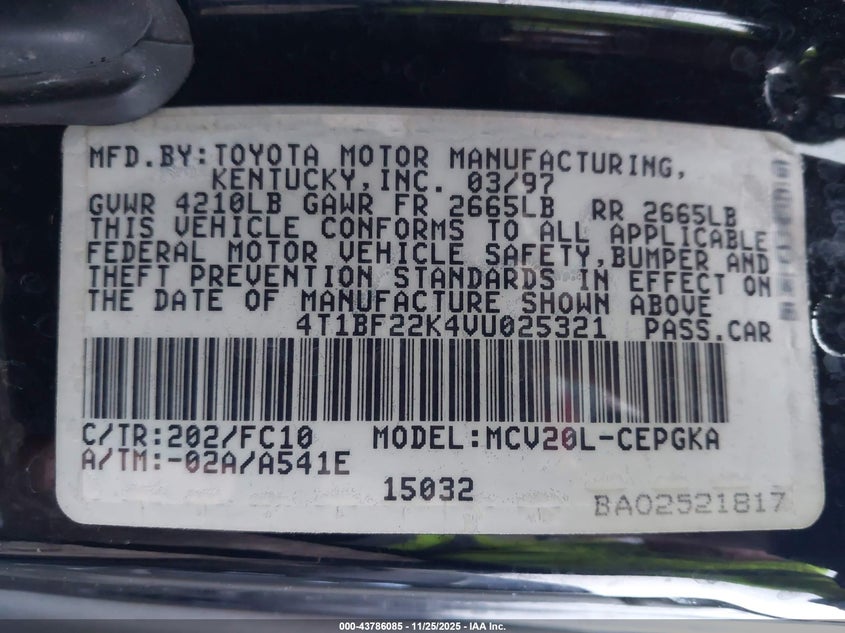 4T1BF22K4VU025321 1997 TOYOTA CAMRY photo no. 9