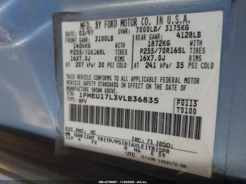 1997 Ford Expedition Eddie Bauer/Xlt VIN: 1FMEU17L3VLB36835 Lot: 43786087