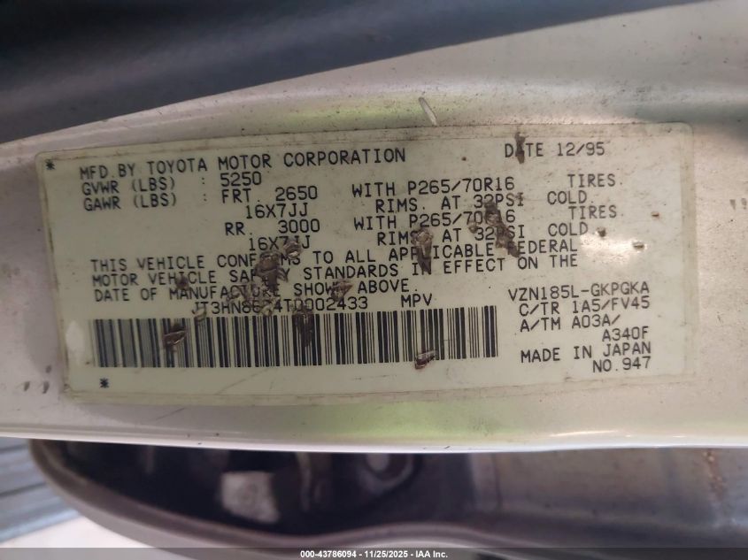 1996 Toyota 4Runner Sr5 VIN: JT3HN86R4T0002433 Lot: 43786094