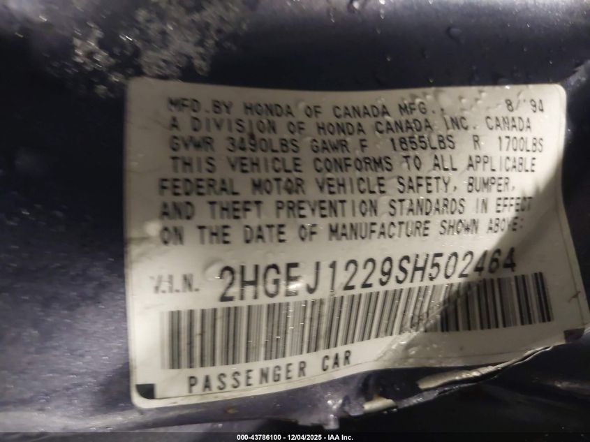 1995 Honda Civic Ex VIN: 2HGEJ1229SH502464 Lot: 43786100