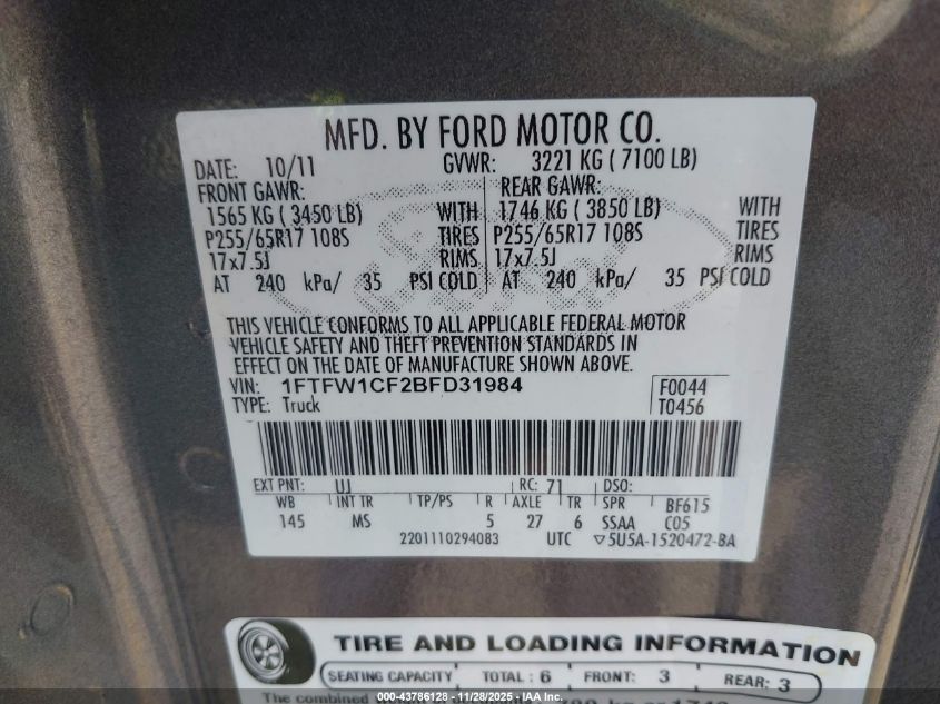 2011 Ford F-150 Xlt VIN: 1FTFW1CF2BFD31984 Lot: 43786128