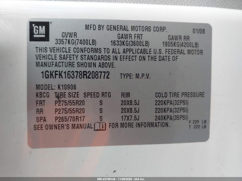 2008 GMC Yukon Xl 1500 Slt VIN: 1GKFK16378R208772 Lot: 43786144