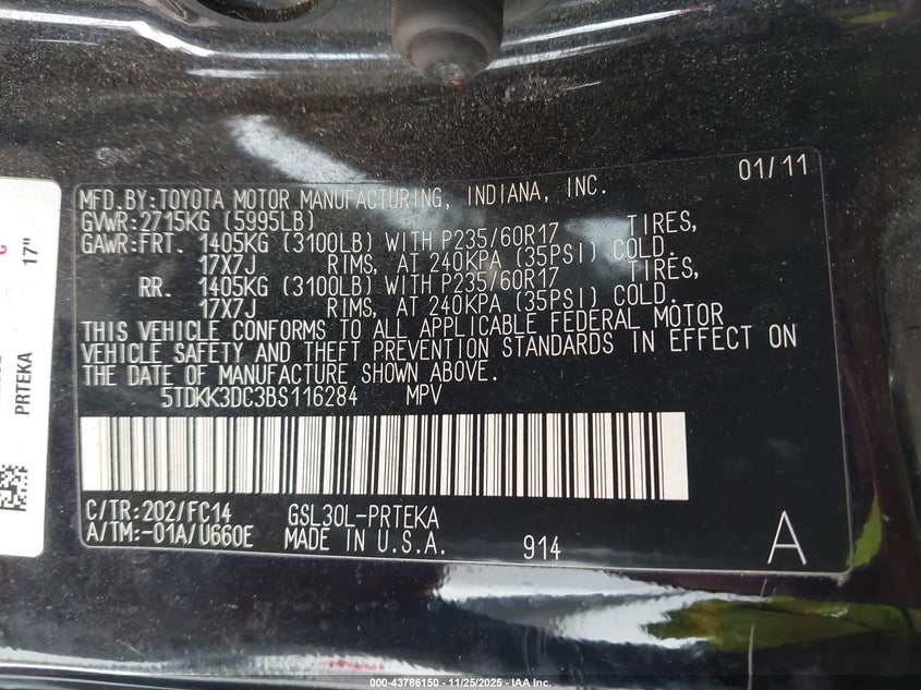 2011 Toyota Sienna Le V6 VIN: 5TDKK3DC3BS116284 Lot: 43786150