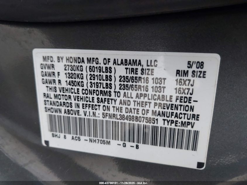 2008 Honda Odyssey Ex VIN: 5FNRL38498B075851 Lot: 43786151