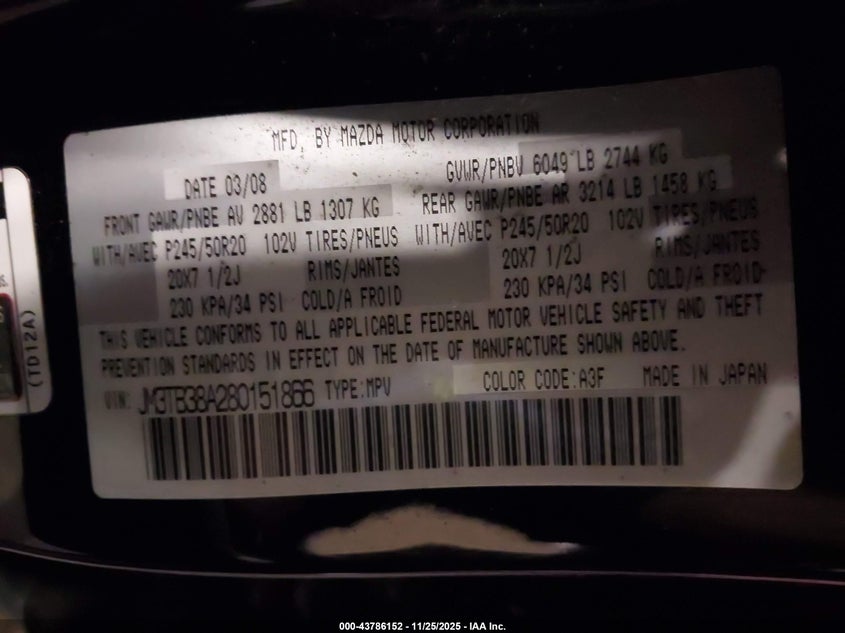 2008 Mazda Cx-9 Grand Touring VIN: JM3TB38A280151866 Lot: 43786152