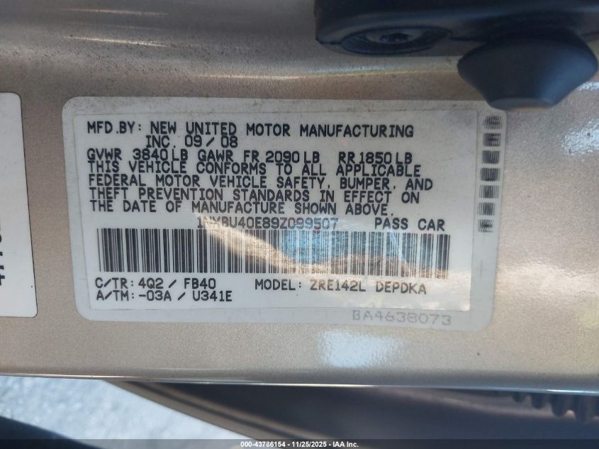 2009 Toyota Corolla Le VIN: 1NXBU40E89Z099507 Lot: 43786154