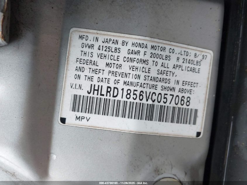 1997 Honda Cr-V VIN: JHLRD1856VC057068 Lot: 43786165