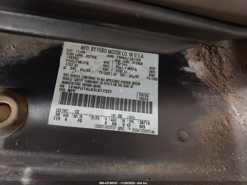 2003 Ford Expedition Xlt VIN: 1FMPU16L63LB17221 Lot: 43786167