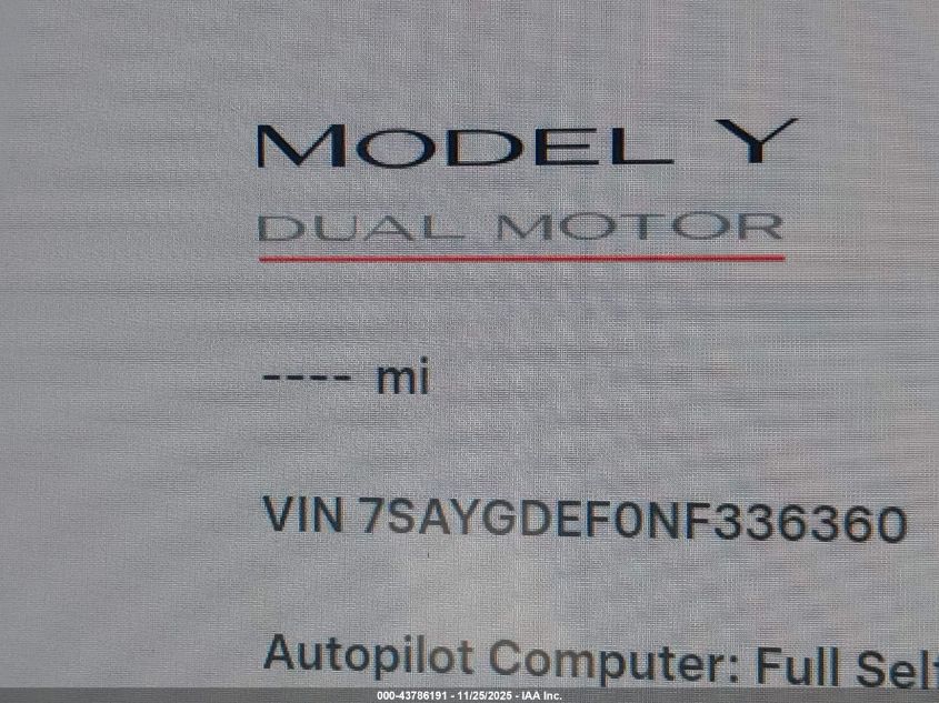 2022 Tesla Model Y Performance Dual Motor All-Wheel Drive VIN: 7SAYGDEF0NF336360 Lot: 43786191