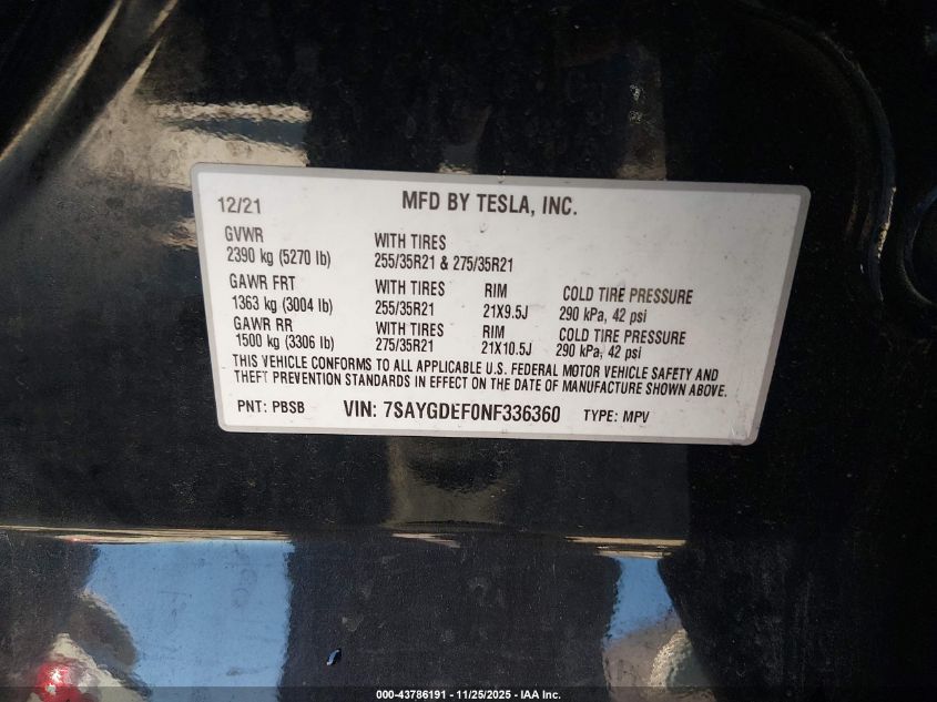 2022 Tesla Model Y Performance Dual Motor All-Wheel Drive VIN: 7SAYGDEF0NF336360 Lot: 43786191